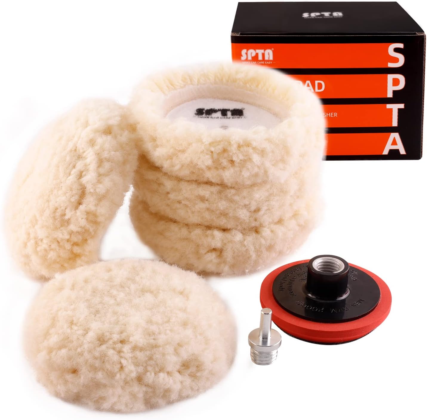 SPTA Wool Polishing Pad, 5Pcs 3"(75mm) 100% Natural Wool Buffing Pad with 1Pc Hook&Loop Backing Pad, 1Pc Extension Shank for Drill Polisher Cutting, Car Body Repair Buffing