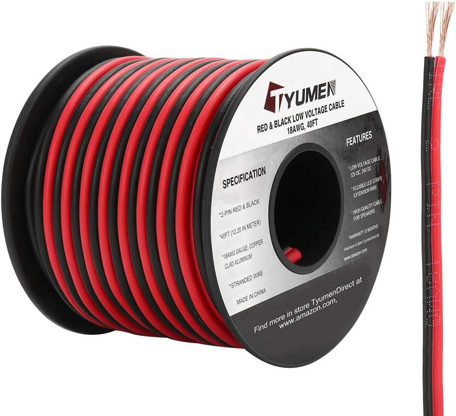 40FT 18 Gauge 2pin 2 Color Red Black Cable Hookup Electrical Wire LED Strips Extension Cord 12V/24V DC Cable, 18AWG Flexible Wire Extension Cords for LED Ribbon Lamp Tape Lighting