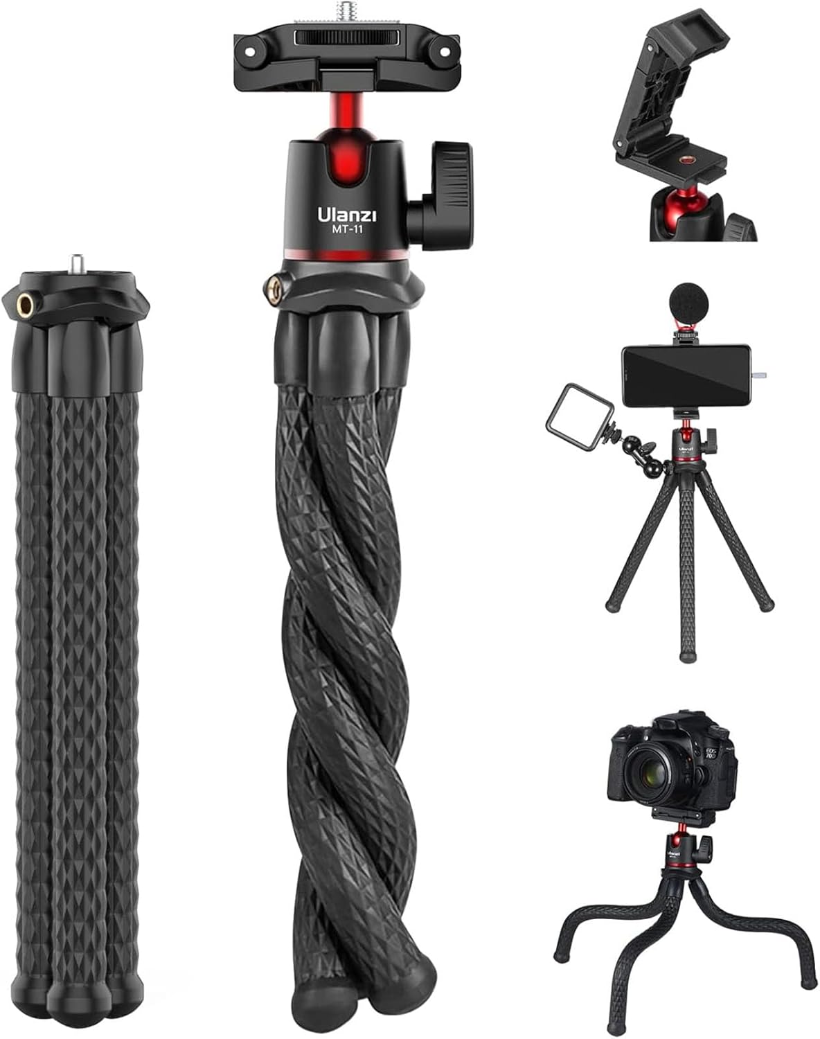 ULANZI Camera Tripod, Mini Flexible Tripod Stand with Hidden Phone Holder w Cold Shoe Mount, 1/4'' Screw for Magic Arm, Universal for iPhone 11 Pro Max XS Max X 8 7 Samsung Canon Nikon Sony Cameras