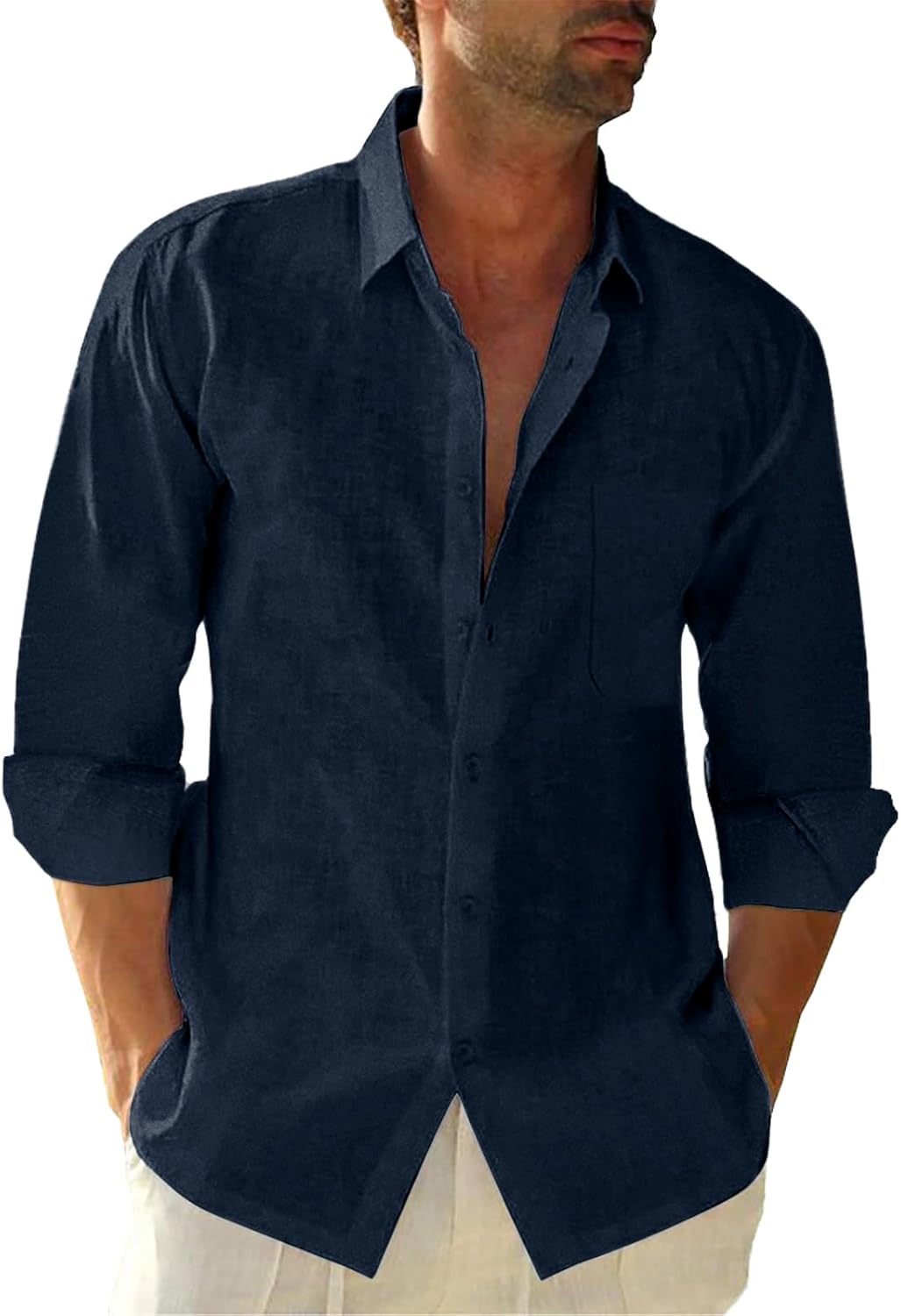 Button Down Linen Shirts for Men Casual Long Sleeve Regular Fit Cotton Beach Shirts with Pocket