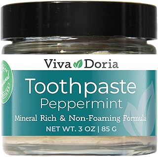 Viva Doria Fluoride Free Natural Toothpaste - Peppermint (3 oz Glass jar) Refreshes Mouth, Freshens Breath, Keeps Teeth and Gum Healthy