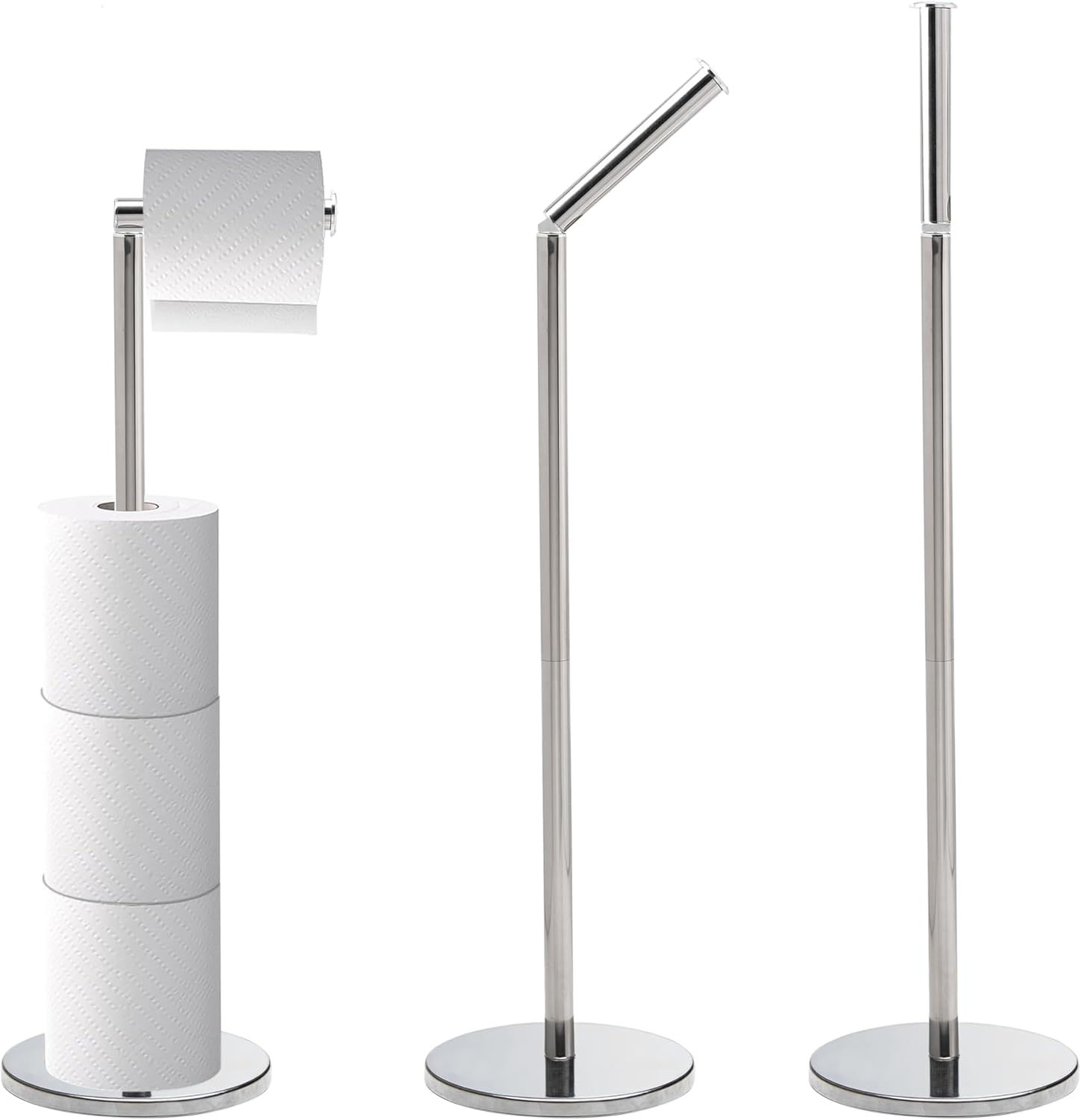 Crystals Toilet Roll Holder Free Standing - 2 in 1 Stainless Steel Toilet Paper Holder, Up to 5 Toilet Roll Storage - No Drill Toilet Roll Stand, Silver