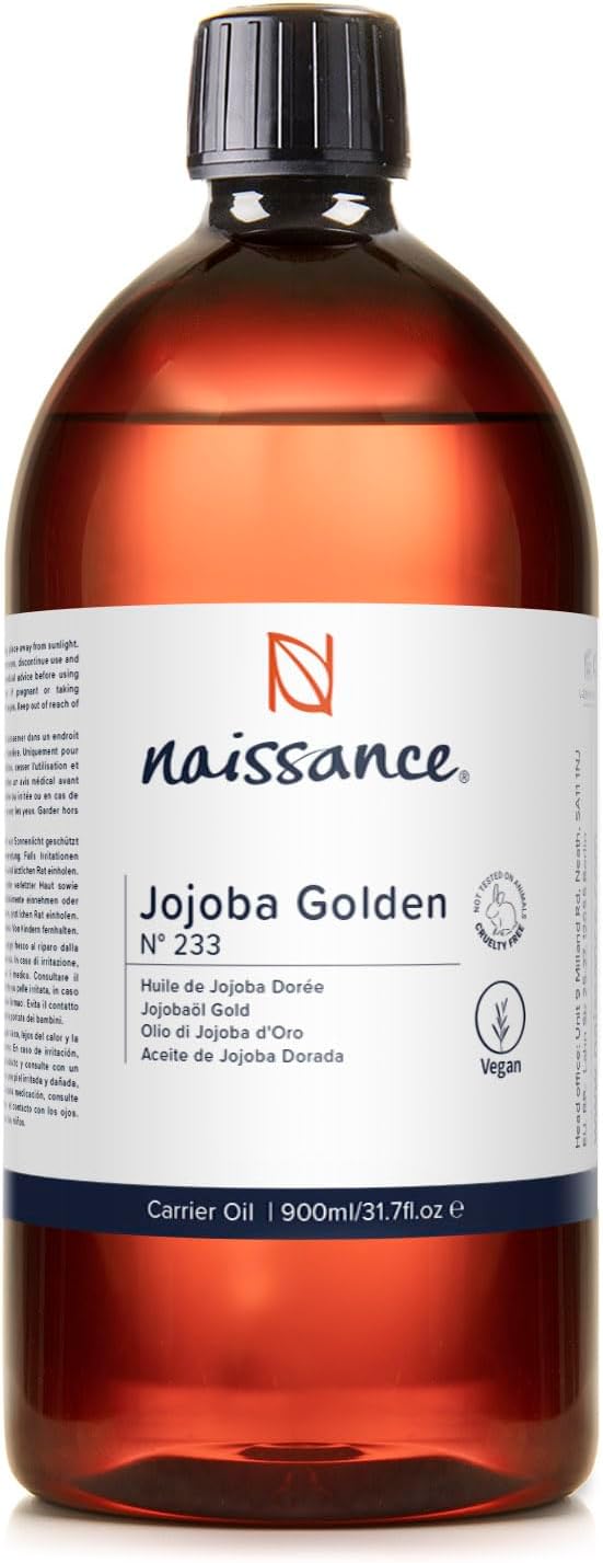 Naissance Golden Jojoba Oil (No. 233) - 900ml - Cold Pressed, Unrefined - Natural Moisturiser for Skin, Face, Beard, Nails, Hair, Body, Scalp - Massage, Aromatherapy, DIY Beauty, Candles, Vegan