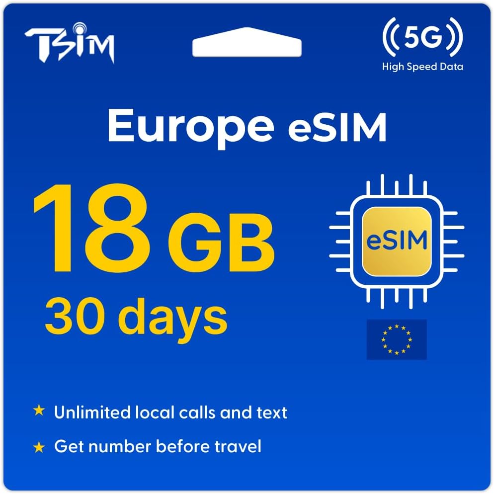 TSIM Europe eSIM for Travel 30 Days 18GB | Unlimited Local Calls and Text | Get Number Before Travel | Get eSIM via Email in 24 Hrs | 30+ Countries Austria, France, Italy, Switzerland, Spain, UK