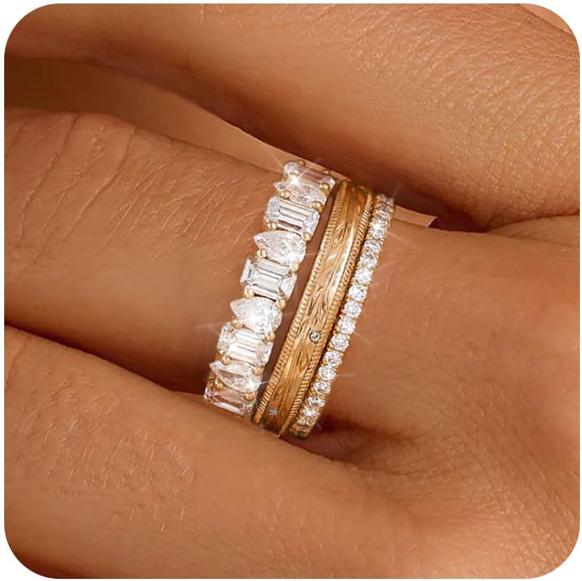 FUNEIA Stackable Gold Rings for Women Non Tarnish Chunky 14K Gold Plated Rings that Don't Tarnish Engagement Cubic Zirconia Ring Set Stack Dainty Pinky Wedding Bands Thumb Rings Gold Jewelry Size 6-11