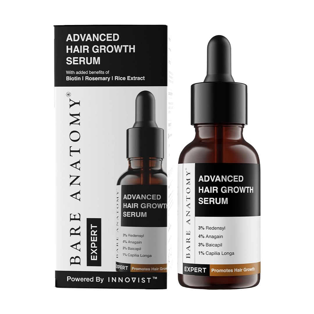Bare Anatomy Advanced Hair Growth Serum| 3% Redensyl - 2x Better Results than Minoxidil | + 4% Anagain + 3% Baicapil | Rosemary, Biotin | Hair growth & Hair fall control serum for Women & Men | 30mL