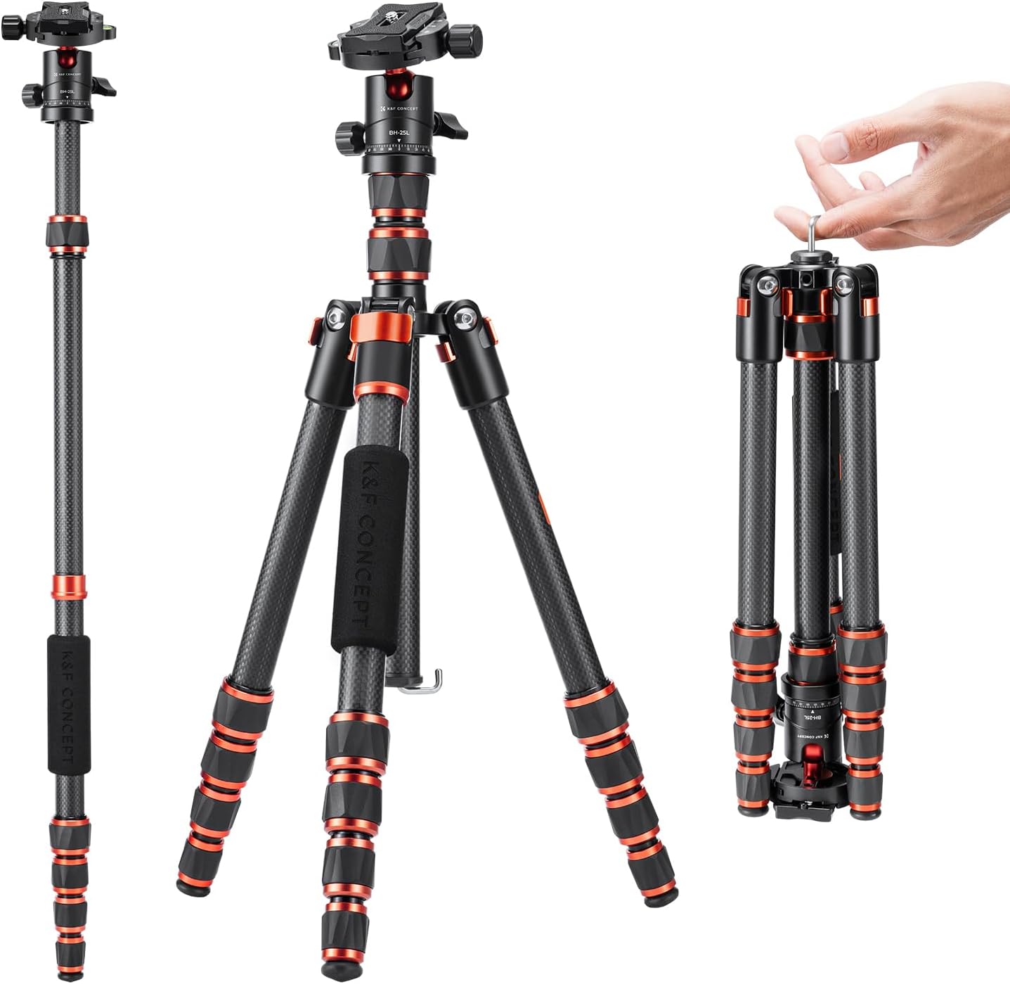 K&F Concept 61" Carbon Fibre Camera Tripod, Lightweight Compact Tripod with 2 Sections Central Column, Low Profile Ball Head and Carry Bag for DSLR Camera A225C0+BH-25L