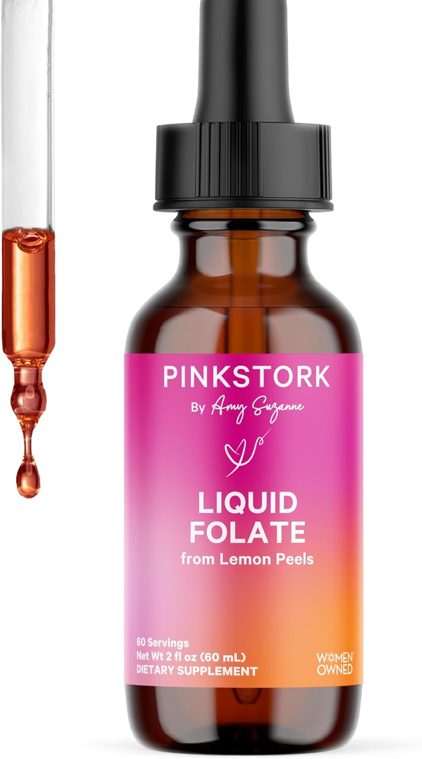 Pink Stork Liquid Folate: Whole-Food Vitamin B9 from Lemon Peels, Natural Folic Acid with Vitamin C, Liquid Prenatal Vitamins for Women, Pregnancy Must Haves, Women-Owned, 2 oz