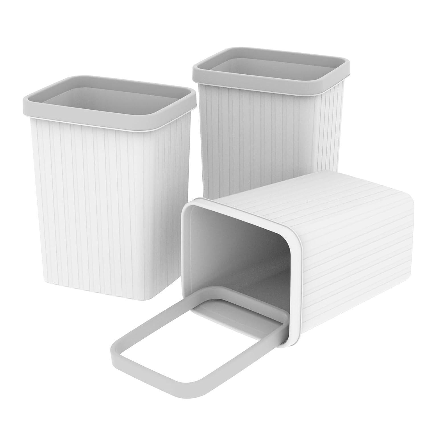 Cetomo 8.2L*3 Plastic Waste Paper Bin, Trash Can, Small Bins, Bedroom Bin, Square Waste Basket with Rim Lid and Solid Stripe for Kitchen Rooms, Nesting, Matte, Frosted, Minimalist, White, 8.2L(3 Pack)