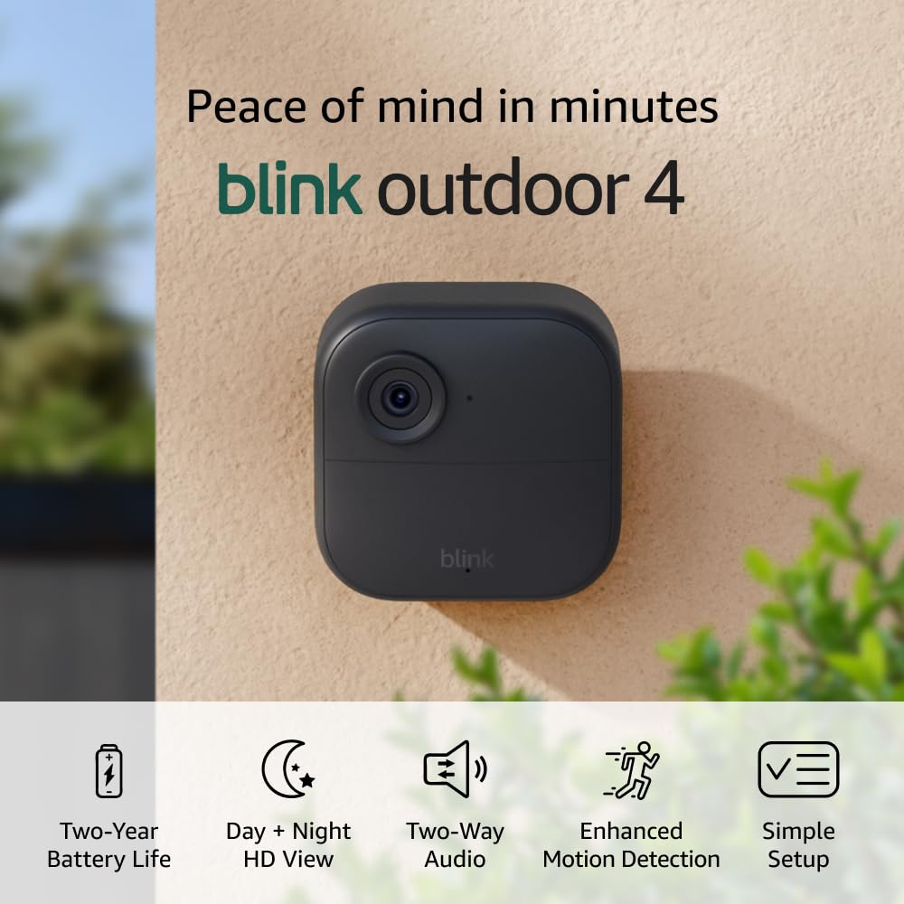 Blink Outdoor 4 (newest model) – Wireless smart security camera, two-year battery life, 1080p HD day and infrared night live view, two-way talk. Sync Module Core included – 5 camera system
