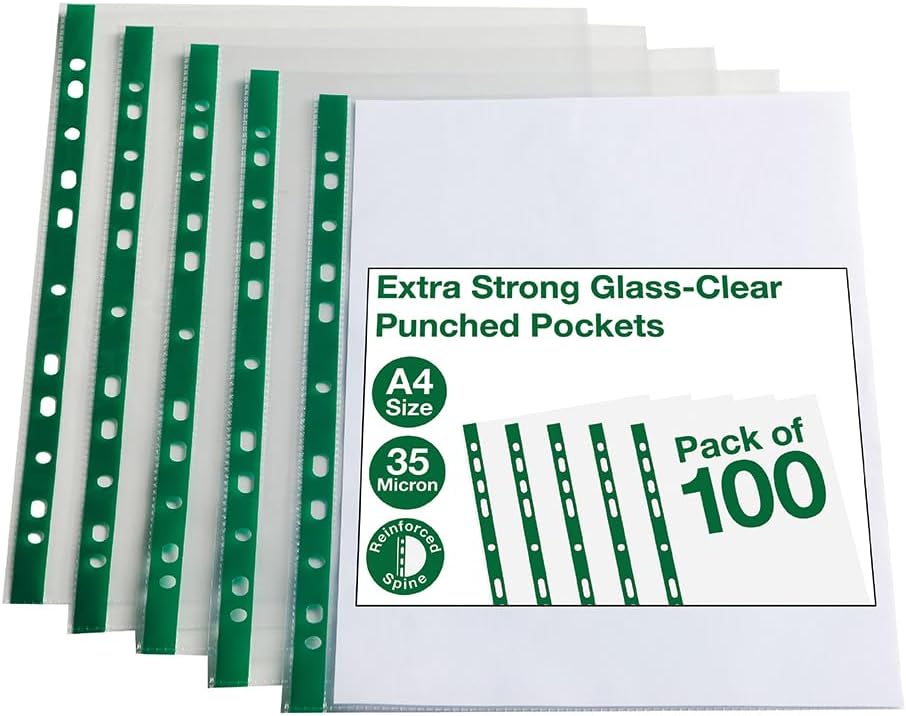 SUMMIT Punched Poly Pockets A4, Glass Clear, 100 Plastic Wallets