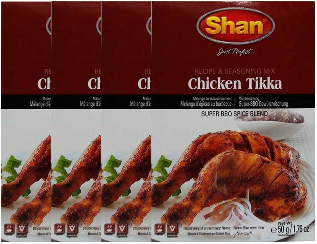 Shan's Chicken Tikka Receipe & Seasoning mix Super BBQ Spice Blend Tantalizing blend of aromatic spices and savory flavors Pakistani Origin 50g (Pack of 4)