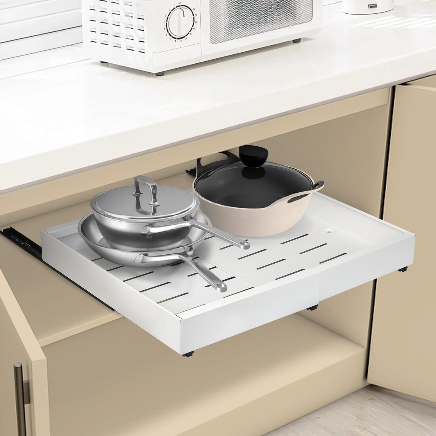 Ulable Extendable Pull Out Cabinet Organizer - White Slide Out Drawer for Kitchen Cupboards - No Drill Adjustable Pull Out Kitchen Storage with Adhesive Film (Adjustable Width 32-52CM)