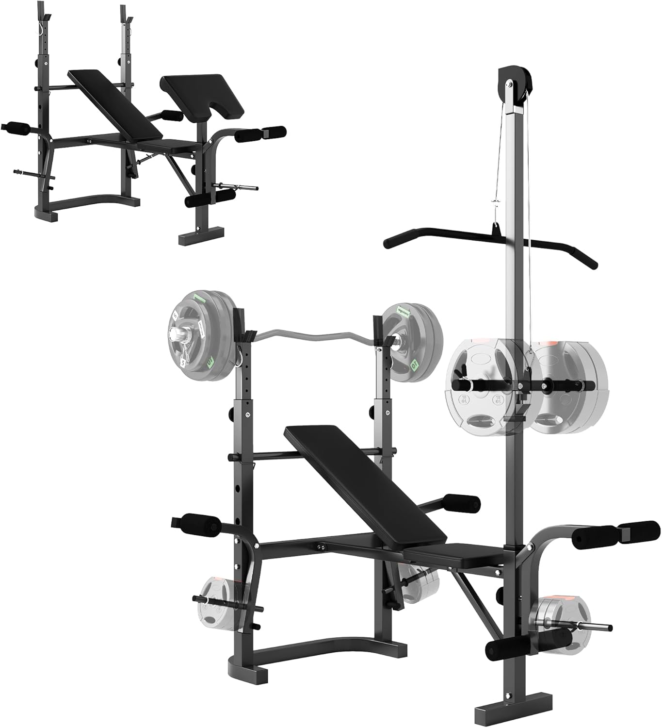 SPORTNOW Adjustable Weight Bench with Bench Press Rack, Leg Extension, Preacher Curl Bench and Lat Pull Down Machine for Home Gym, Incline or Flat Workout Bench for Strength Training Weight Lifting
