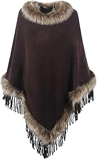 Womens Winter Coats Poncho Cape, Faux Fur Trim Knitted Cardigan Elegant Fringe Sweaters Shawl Striped Loose Fit Scarf