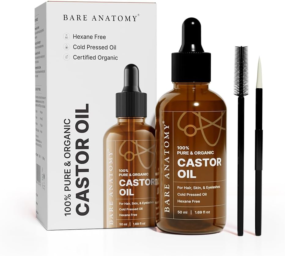 Bare Anatomy 100% Pure & Organic Castor Oil –Cold Pressed, Unrefined, USDA Certified, Hexane-Free | For Hair Growth, Thicker Eyelashes & Eyebrows| Suitable for Body, Skin & Nails | 50 ml