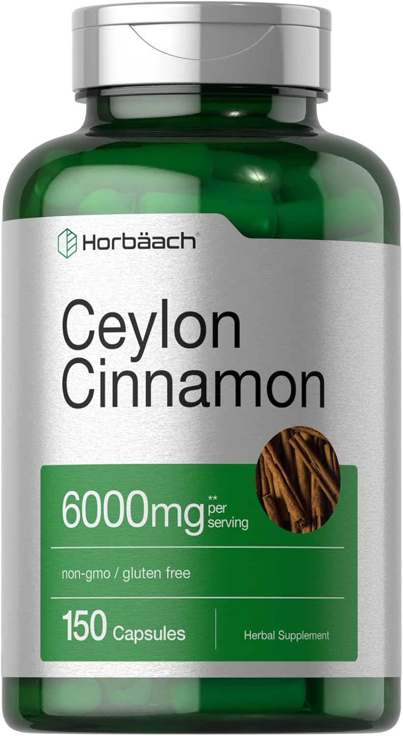 Horbäach Ceylon Cinnamon Capsules | 6000 mg | 150 Count | Non-GMO & Gluten Free Supplement