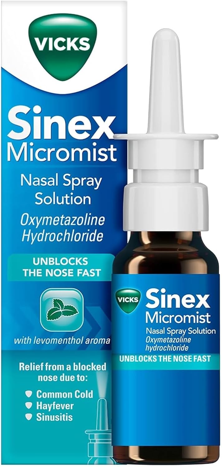 Procter & Gamble Vicks Nasal Spray, Sinex Micromist Decongestant Nose Spray For Blocked Nose With Oxymetazoline, Unblocks The Nose Fast, Blocked Nose Relief, Cold Virus Blocker, Menthol Aroma, 15 ml