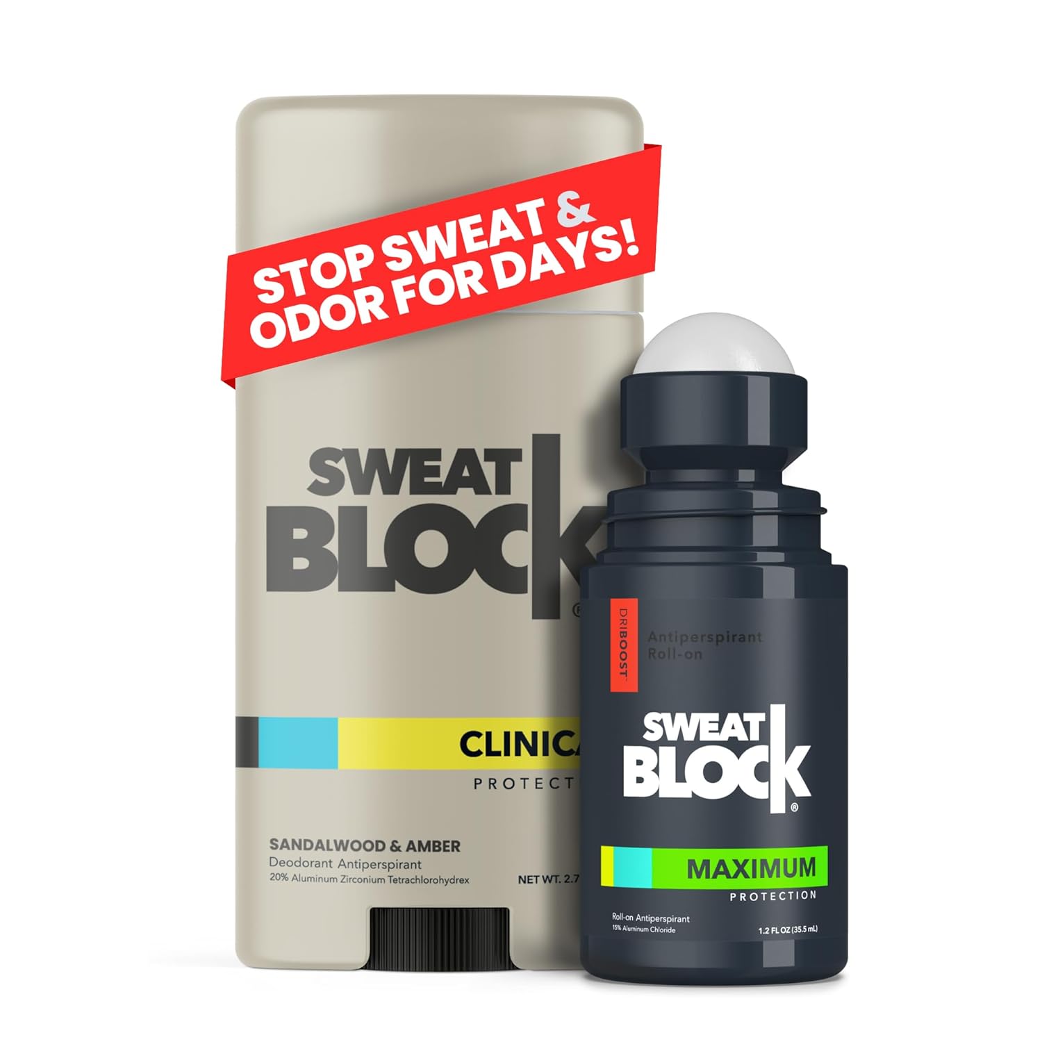 SweatBlock Antiperspirant Deodorant System | MAXIMUM CLINICAL STRENGTH for Men & Women | Hyperhidrosis Aid for up to 7 Days Sweat Control | Roll On 1.2 fl oz + Sandalwood & Amber Deo Stick 2.7oz