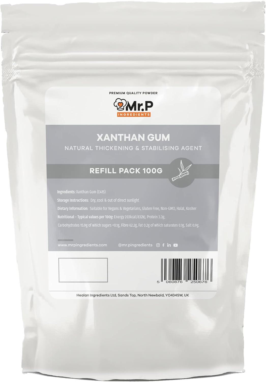 Mr.P Ingredients Xanthan Gum 100g Powder Thickener Stabiliser Ideal for Making Soups Sauces Gluten Free Baking Ice Cream Vegan Vegetarian Gluten Free Halal Kosher Non-GMO Resealable Pouche