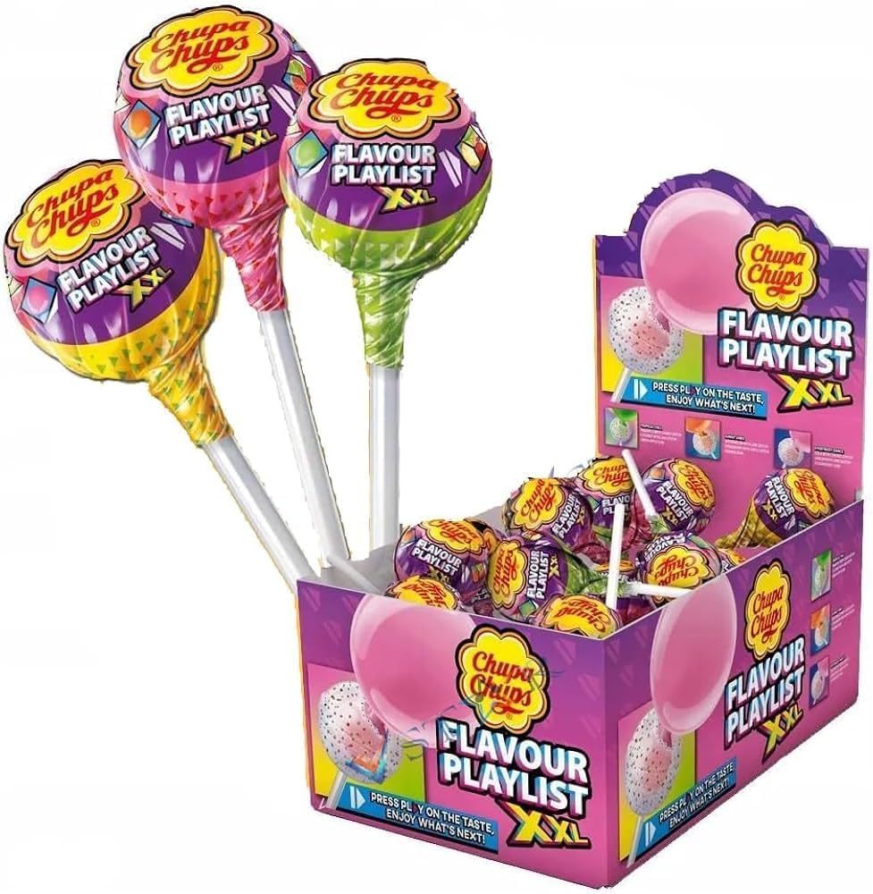 Chupa Chups Flavour Playlist XXL – 25 Lollipops x 29g – Assorted Fruit Flavours – Giant Suckers Bulk Candy – Retro Sweet Gift for Kids & Parties