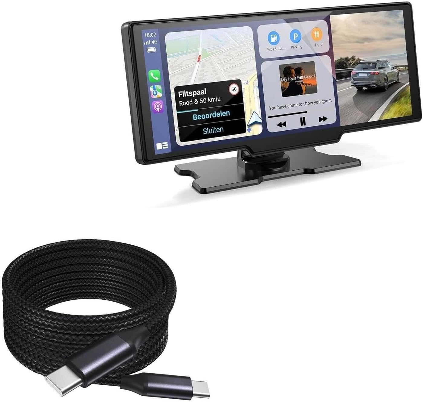 BoxWave Cable Compatible with Kuayvan Wireless Portable Carplay Screen for Car (10.26 in) - DirectSync PD Cable (10ft) - USB-C to USB-C (100W), Long Type C Braided Nylon Alloy Fast Charge - Jet Black