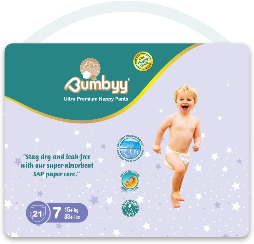 Bumbyy Leak-Proof Pull Ups Size 7 - Ultra-Absorbent Soft & Thin Baby Nappies for Sensitive Skin | 21 Baby Diapers | Hypoallergenic & Dermatologically Tested 12 hr Dry Nappy Pants (15+kg, 33+lbs)