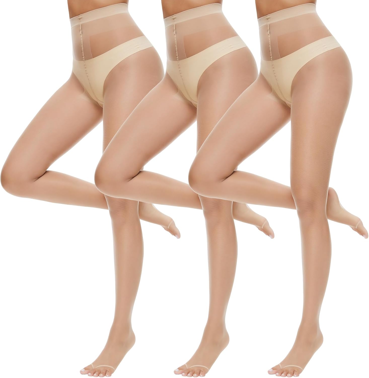MANZI 3 Pairs Toeless Tights Comfort 10 Denier Ultra Thin Soft Sheer Open Toe Pantyhose Nylons for Women