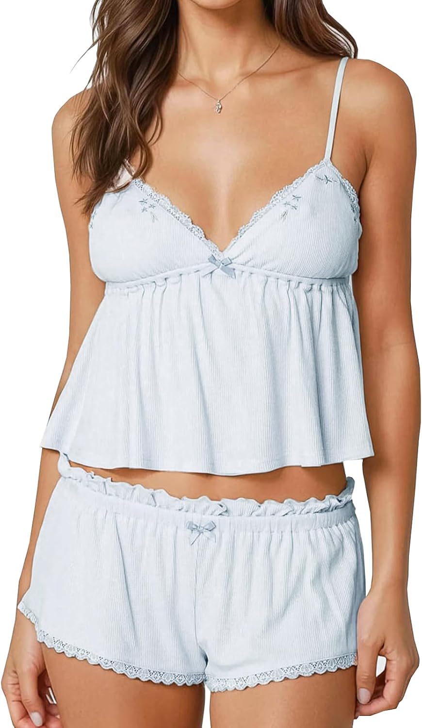 Women Sexy 2 Piece Pajama Set Cute Pj Sets Floral Print Lace Trim Cami Tank Top Shorts Teen Girls Sleepwear