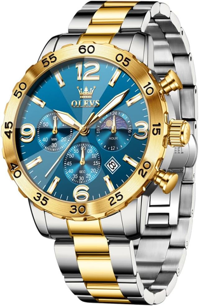 OLEVS Watch Men Luxury Big Wrist Face Analog Quartz Mens Watches Stainless Steel Waterproof Luminous Date Dress Chronograph Moon Phase Relojes para Hombres