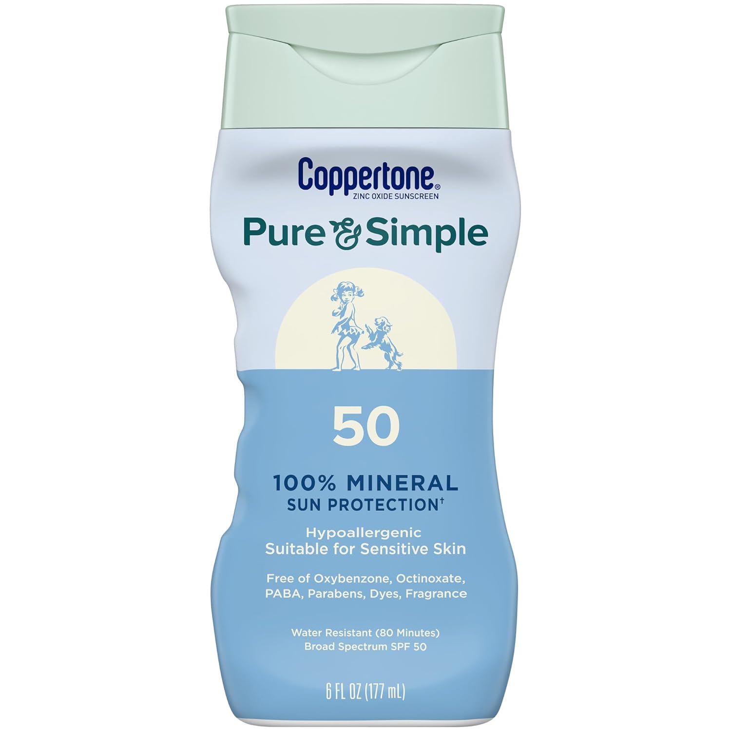 Coppertone Pure and Simple Sunscreen Lotion, SPF 50 Broad Spectrum Sunscreen with Zinc Oxide, 6 Oz