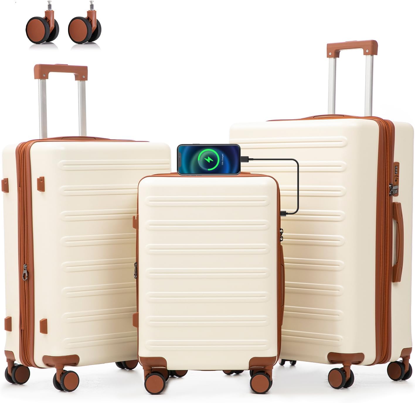 Xurwiin luggage sets 3 Piece with Spinner Wheel,100% PC Material Lightweight Durable,Expandable Carry On Travel Hardside Suitcase sets with TSA Lock for Men and Women (White+brown)