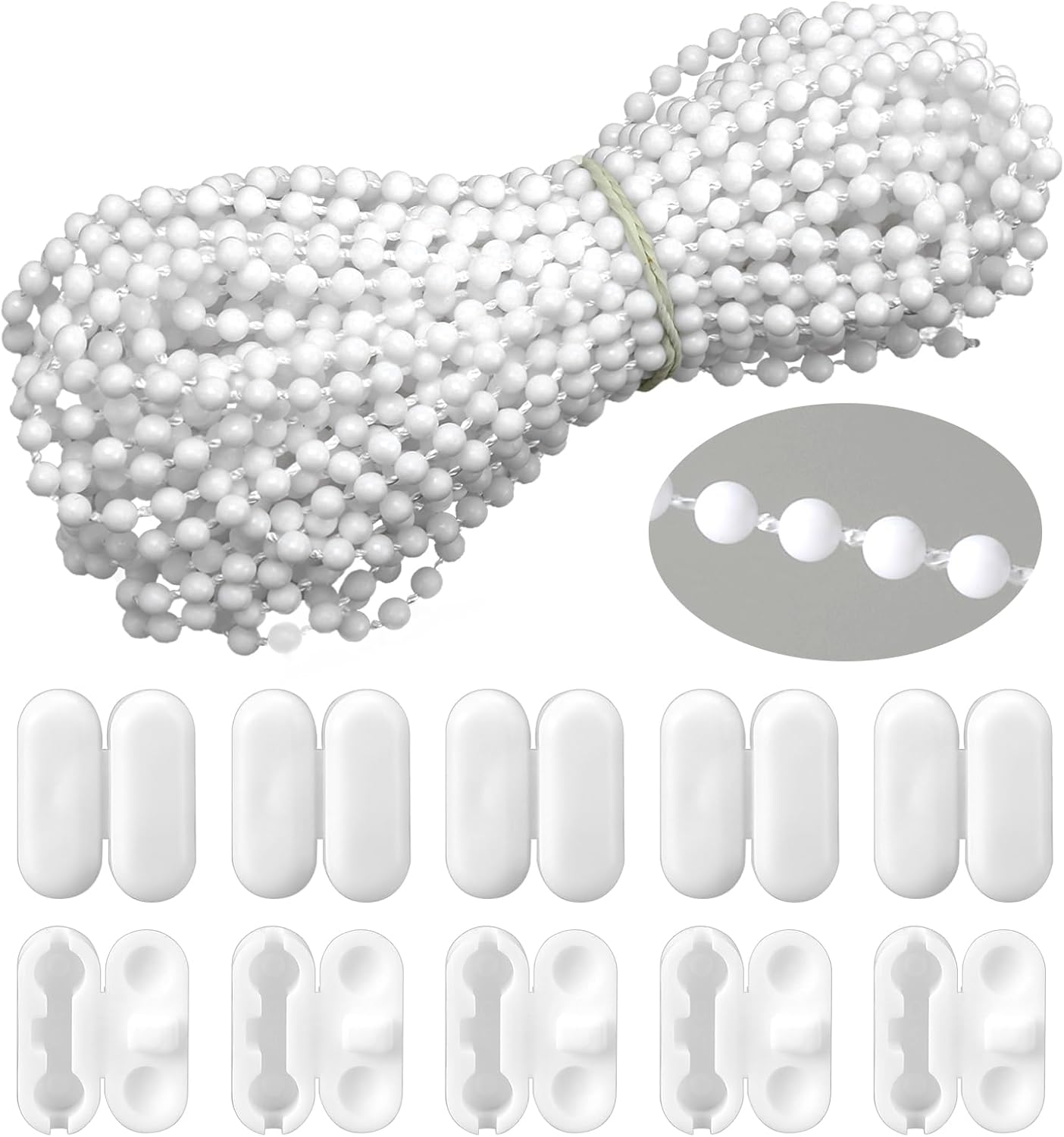Hariendny 10 Meters (32.8 Feet) Roller Blind Bead Chain Replacement with Connectors, Roller Blind Cords, Venetian Blinds Cord for Roman Vertical Blind Chain, 10 Pcs Bead Chain Connectors (White)