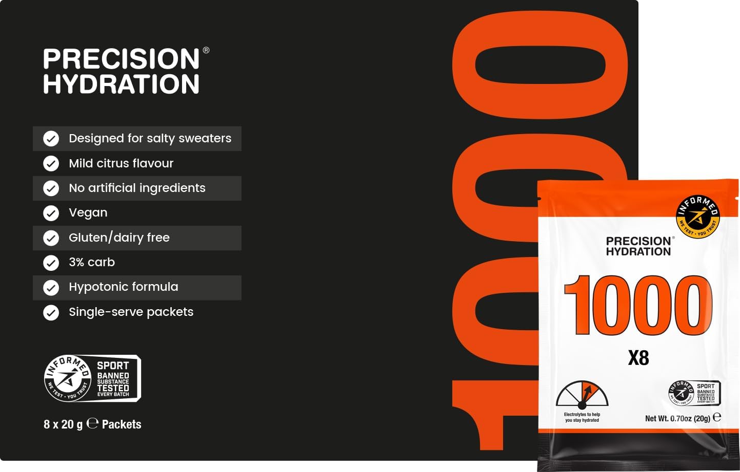 Precision Hydration Electrolyte Powder Packets - No Artificial Ingredients, Multi Strength Hydration Packets - Individual Waterproof Servings - Gluten/Dairy Free, 1 Box (8 Packets, 1000mg/L-Orange)