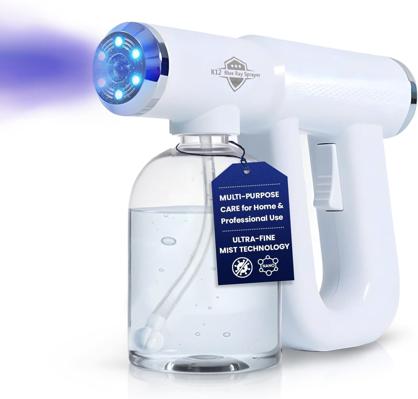 Professional Disinfectant Nano Spray Gun, Ultra Fine Atomizer Sprayer,White | Continuous Spray Bottle with Blue Light, Easy to Use Lightweight and Rechargeable Sanitizer Gun, Multipurpose Fogger Machine