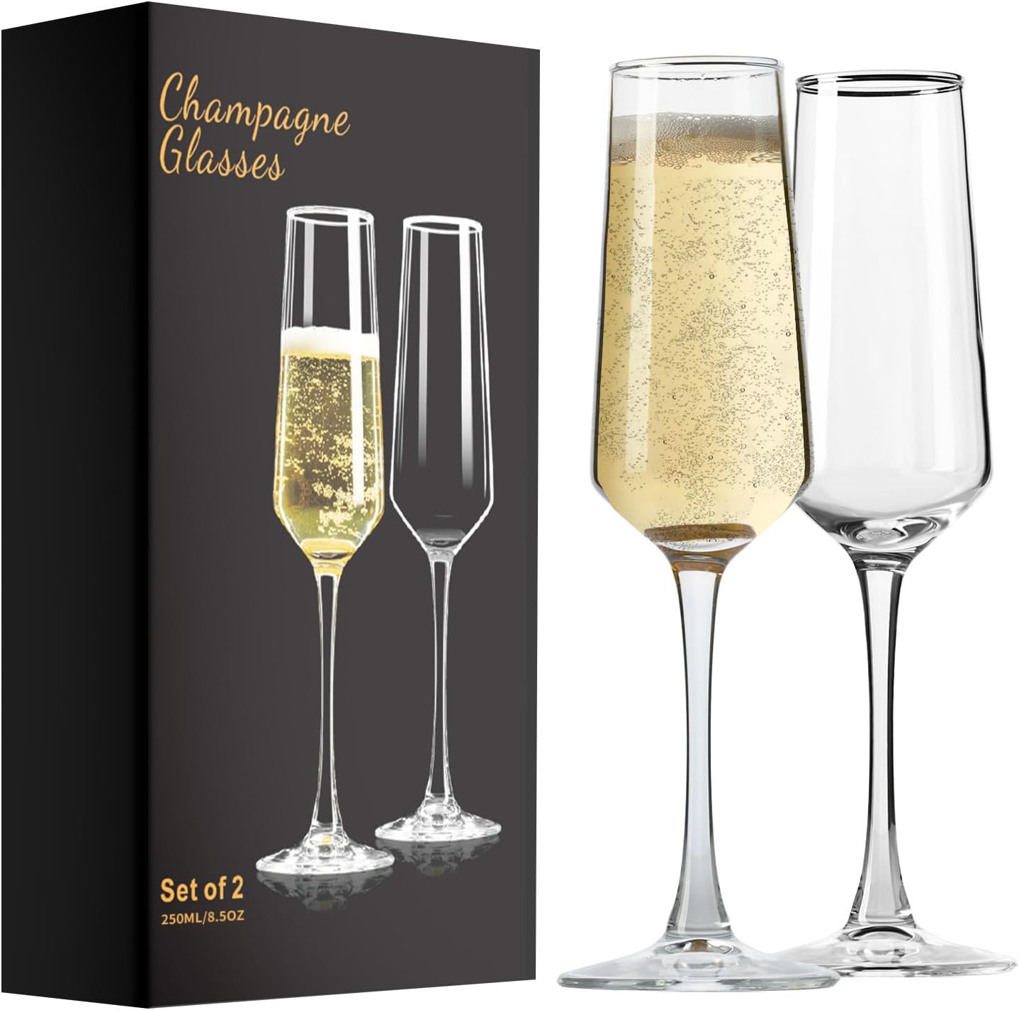 PARACITY Champagne Flutes, Champagne Glasses Set of 2, Elegant 8.5oz Glass Champagne Flutes, Gift for Birthday, Wedding, Christmas, Clear Sparkling Champagne Glasses for Women, Men