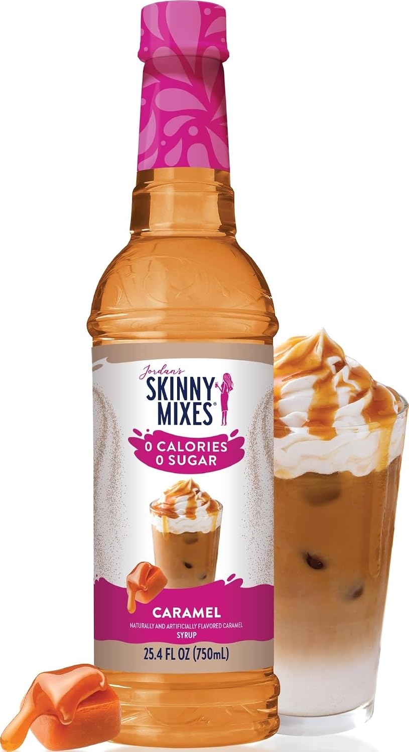 Jordan's Skinny Mixes Caramel Coffee Syrup, 25.4 fl oz | 0 calories per serving, Kosher, 1/4 oz per pump, Fits 750 ml syrup bottles, Use in lattes, shakes, and cocktails