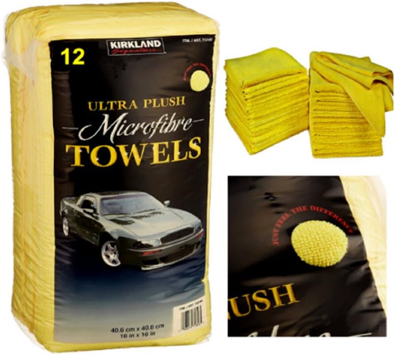 Kirkland Signature 12 Signature Ultra Plush Microfibre Cloths Towels Cleaning Car Vehicle., Yellow, H 40.6 x W 40.6 cm