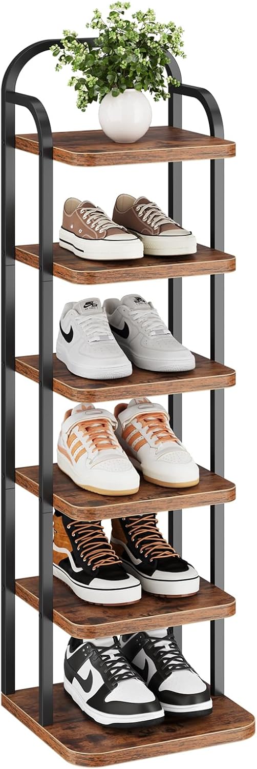 Dripex Adjustable Narrow Shoe Rack Organizer, Space Saving Vertical Tall Shoe Shelf for 6 Tier, Sturdy Multifunctional Entryway Hallway Living Room Storage Shelf Rustic Brown