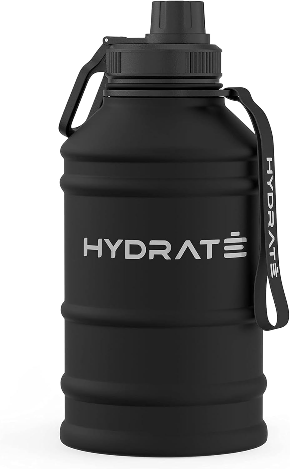 HYDRATE Stainless Steel 1.3 and 2.2 Litre Water Bottle - Various Colour Options - BPA-free Metal Gym Water Bottle - Convenient Nylon Carrying Strap and Leak-Proof Screw Cap