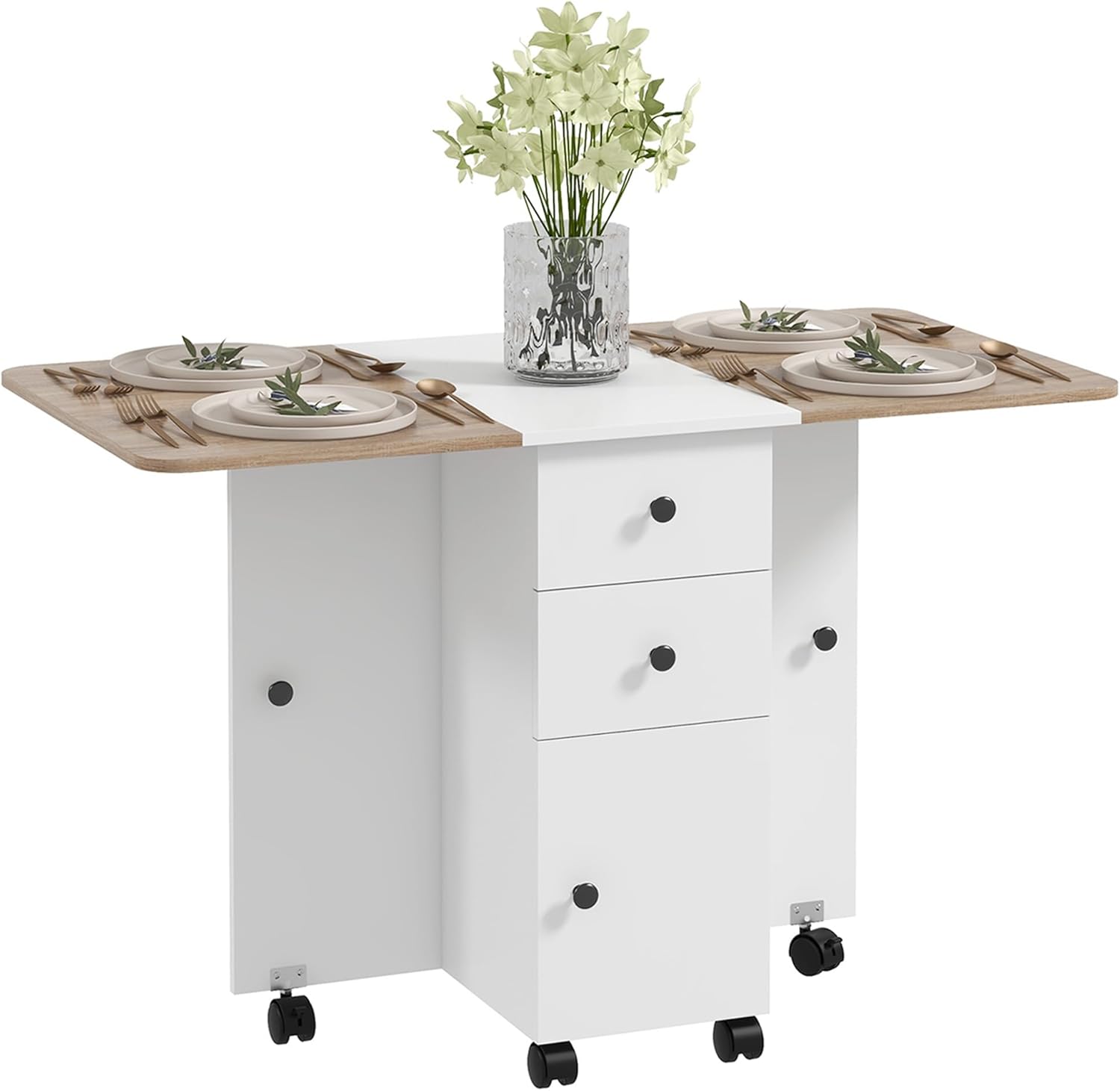HOMCOM Folding Dining Table for 4-6, Rolling Drop Leaf Table on Wheels with Storage Drawers, Cabinet and Open Shelf for Kitchen, Dining Room, Oak and White
