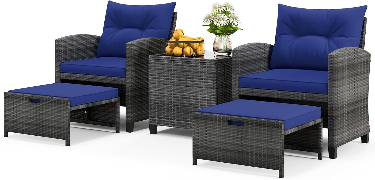 ORALNER 5 Pieces Patio Furniture Set with Ottoman, Wicker Conversation Set Rattan Chairs w/Cushions, Glass Coffee Table, Outdoor Lounger Bistro Set for Porch Balcony Garden Deck Poolside (Navy Blue)