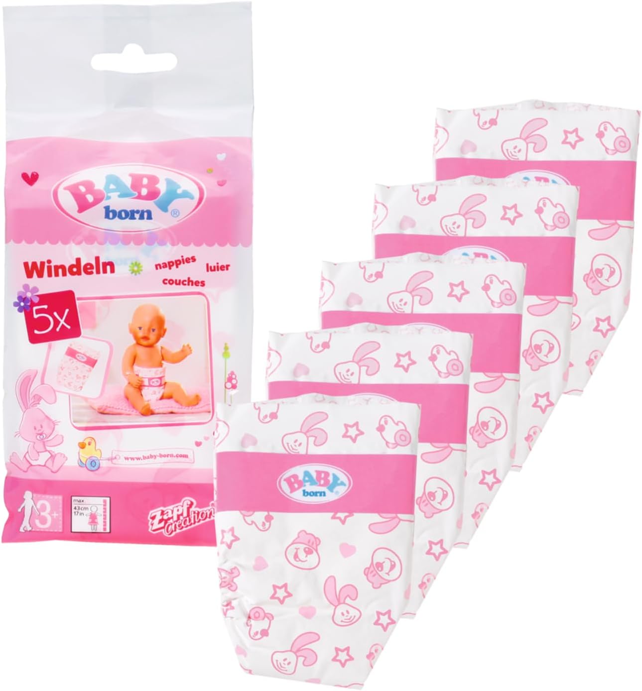 BABY born Nappies for 43 cm Doll - Easy for Small Hands, Creative Play Promotes Empathy & Social Skills, For Toddlers 3 Years & Up - Includes 5 Nappies