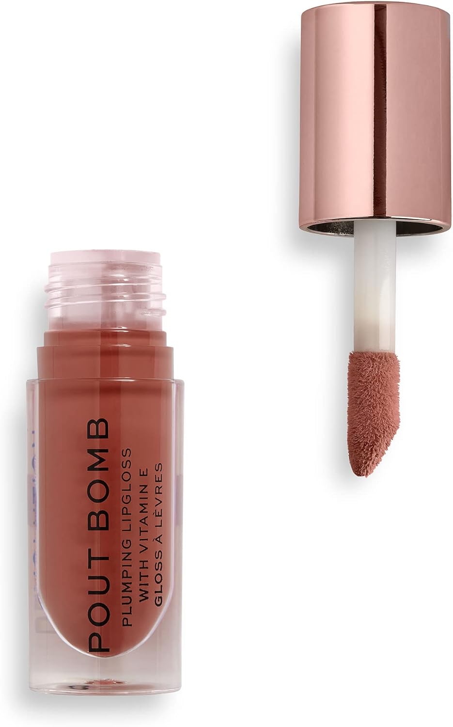 Revolution Beauty London Pout Bomb Plumping Gloss, High Shine, Rich Pigment, Soft Tingle Effect, Cookie Deep Nude