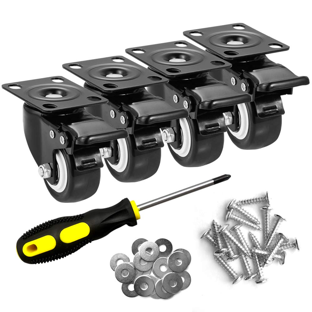 2" Caster Wheels Set of 4, Heavy Duty Casters with Brake, No Noise Locking Polyurethane (PU) Wheels, Swivel Plate Castors Pack 4