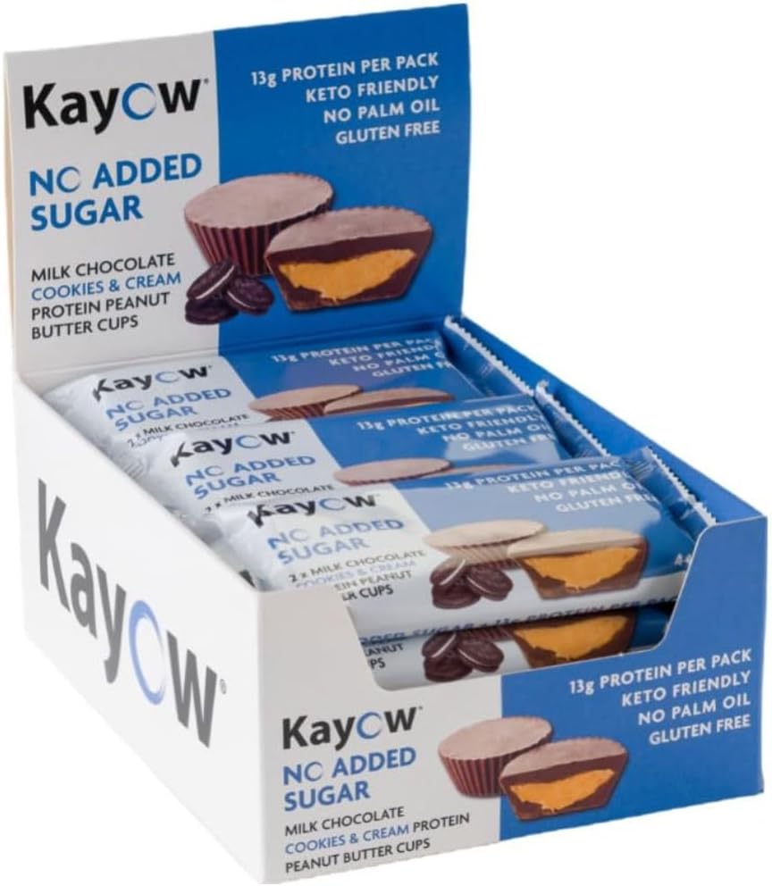 KAYOW No Added Sugar Milk Chocolate Cookies & Cream Peanut Butter Cups 12 x Packs of 2 x 22g High Protein Cups | 13g Protein Per Pack | No Added Sugar | Gluten Free | Low Carb Keto Snacks |