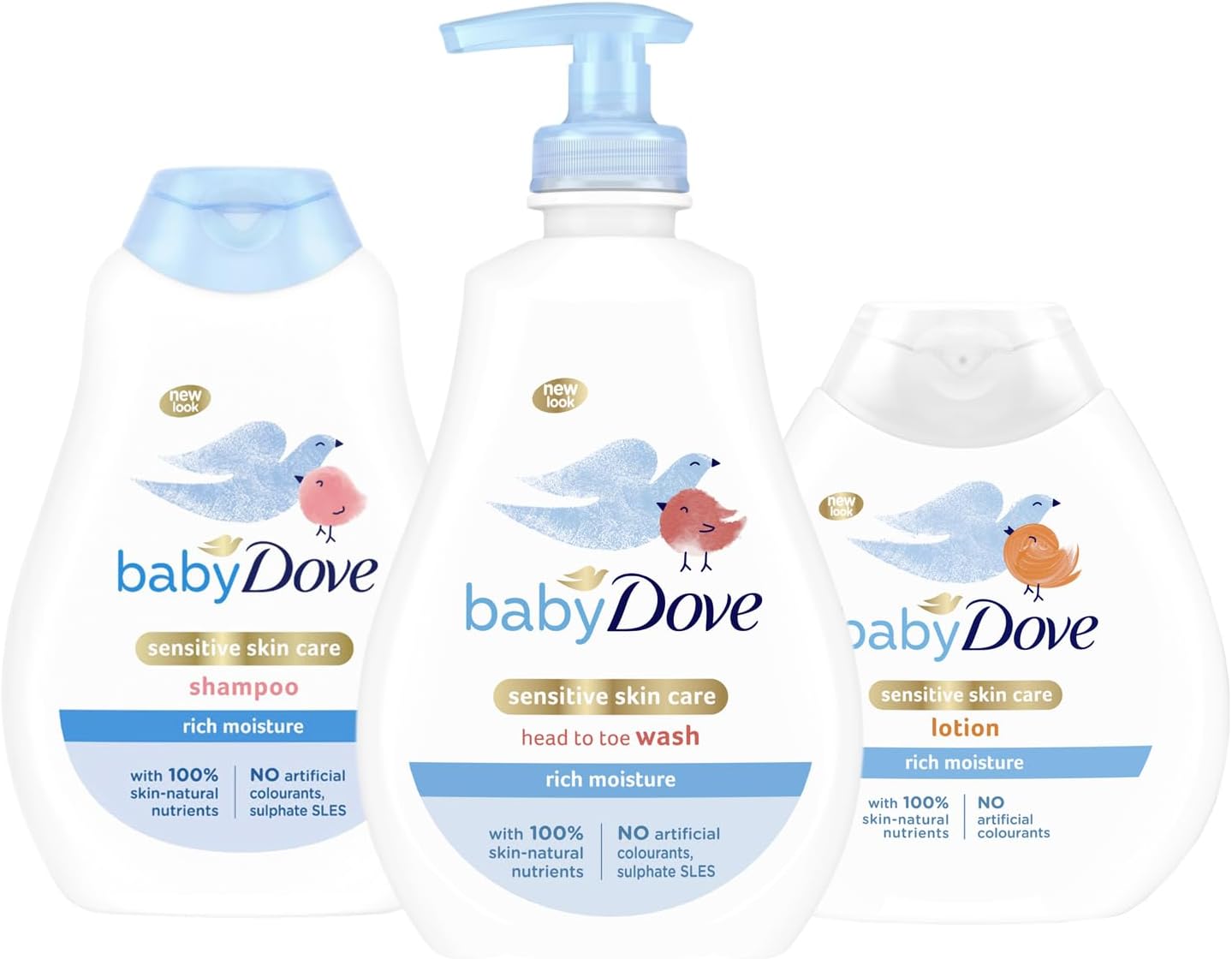 Baby Dove Sensitive Skin Care Rich Moisture Set: Head to Toe Wash 400ml, Shampoo 400ml and Lotion 200ml
