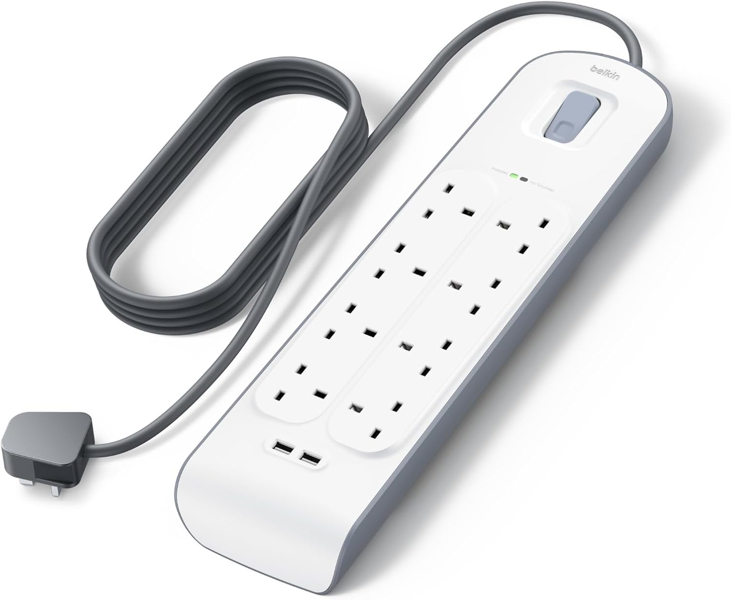 Belkin Extension Lead with USB Slots x 2 (2.4 A Shared), 8 Way/8 Plug Extension, 2m Surge Protected Power Strip - White