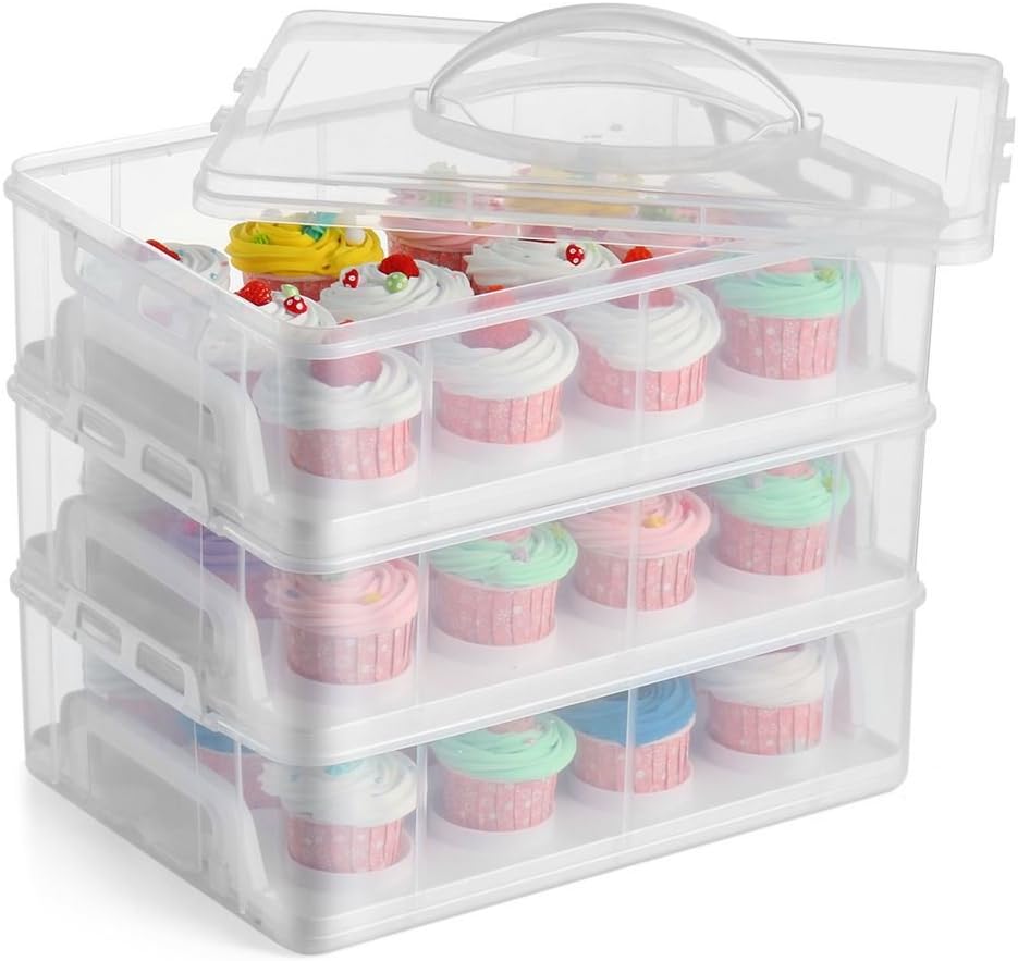 Gr8 Home 3 Tier Stackable Cupcake Carrier Box Muffin Cake Holder Plastic Clear Storage Container Basket Courier With Handle holds 36 Cakes