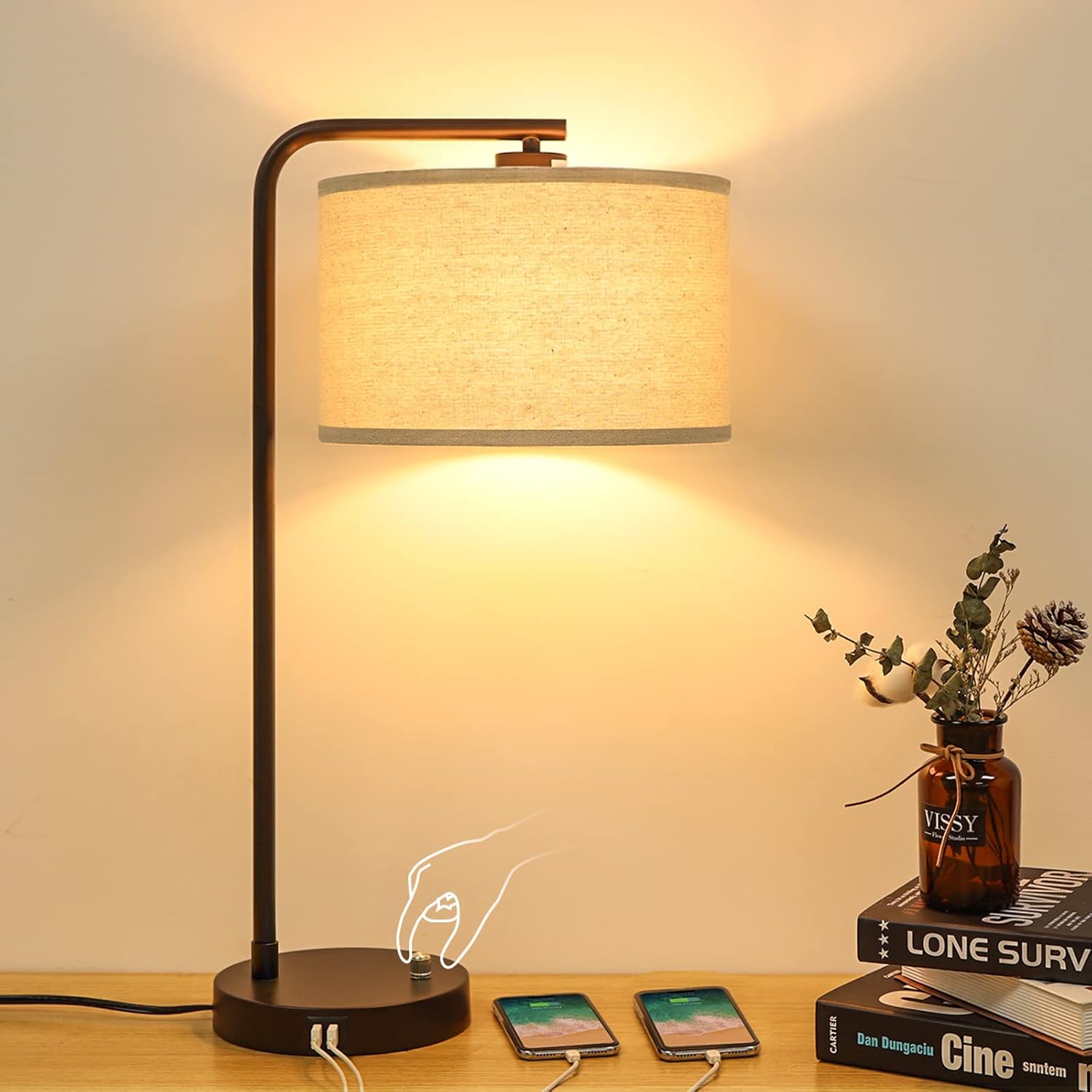 Side Table Lamp with Dual USB Ports, Dimmable Bedside Lamp Modern Nightstand Lamp Desk Reading Lamp with Linen Lampshade for Bedroom, Living Room, Study Room, Office, 9W 3000K LED Bulb Included